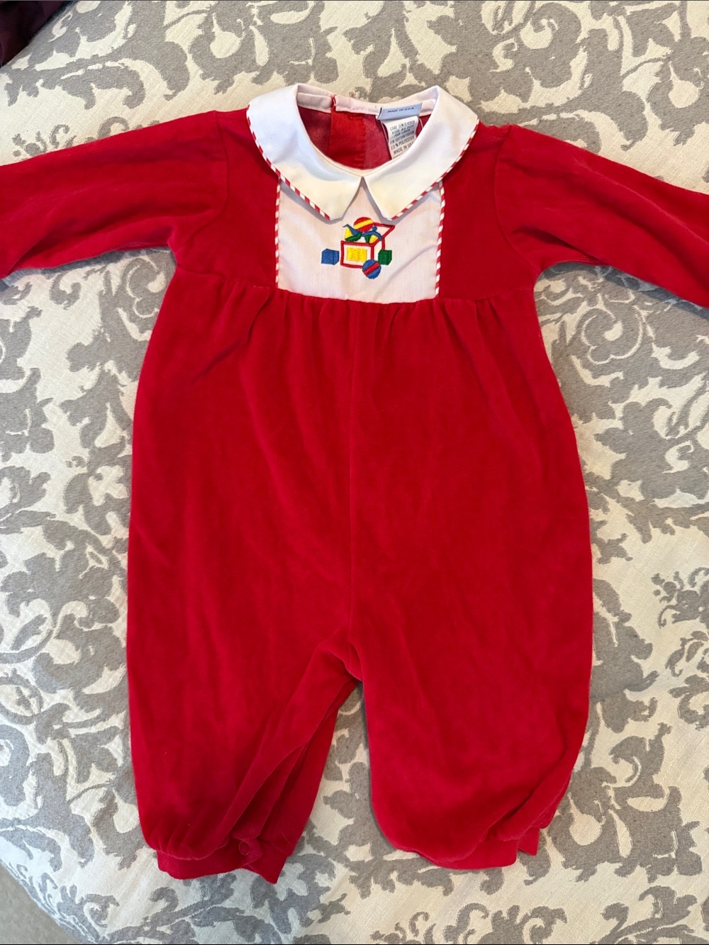 Alexis Red Velour Toy Embroidered Bubble Romper 6 Months Vintage USA